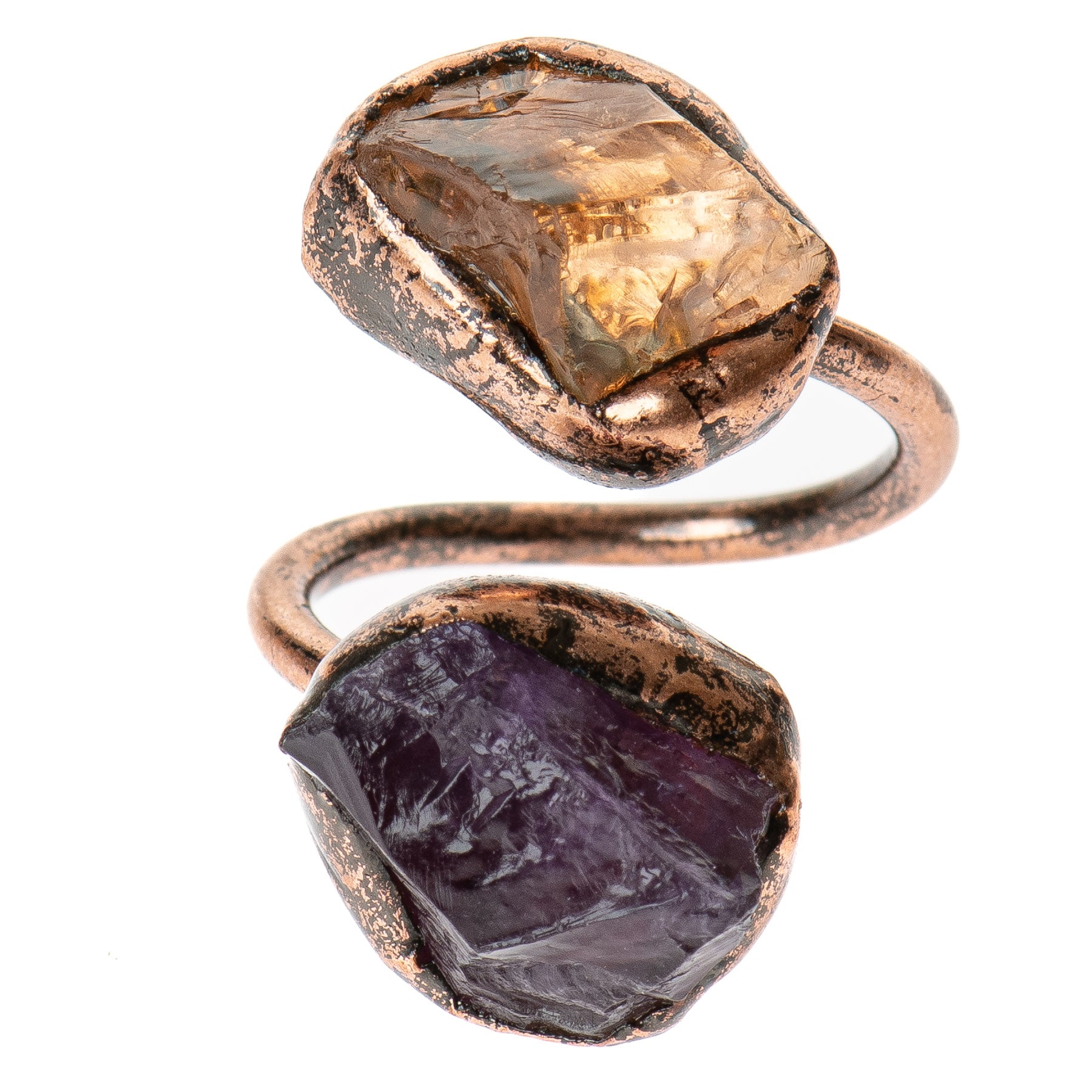Citrine and Amethyst Brass Wrap Ring